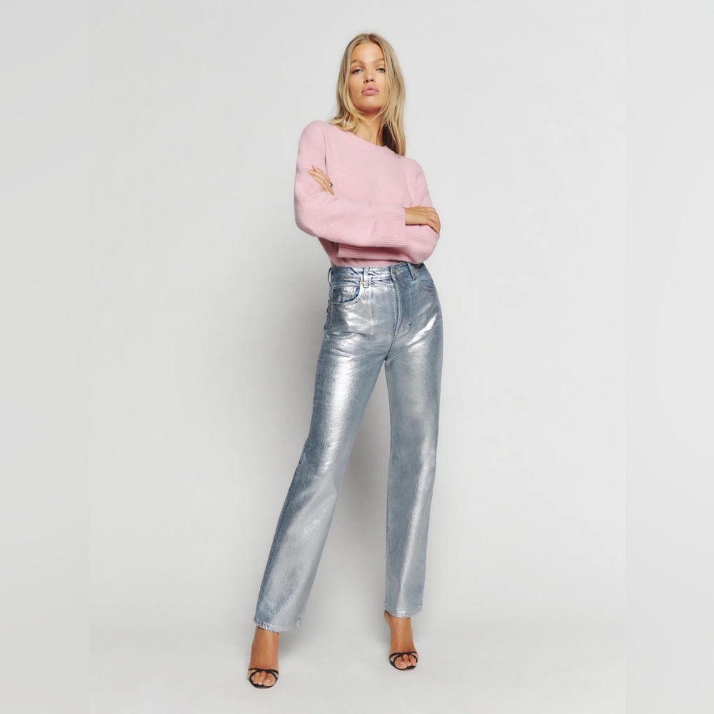 Cynthia High Rise Coated Straight Jeans Size 25 in Silver